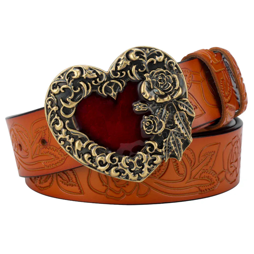 Cowboyläderbälte roshjärtspänne dam Brons Orange / 90cm