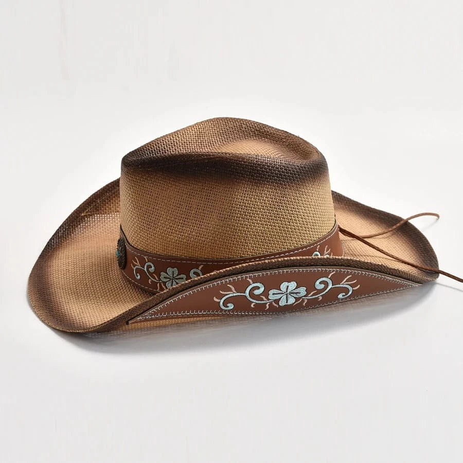 Cowgirlhatt med Blommig Brodyr Khaki / 56-58cm