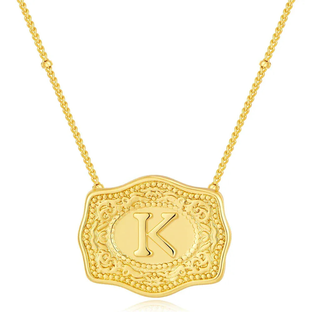 Embossed Belt Buckle Pendant Necklace for Men Punk Jewelry Gold Color A-Z Initial Letter Necklaces Women Western Jewelry Gift K / Silver / CHINA