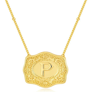 Embossed Belt Buckle Pendant Necklace for Men Punk Jewelry Gold Color A-Z Initial Letter Necklaces Women Western Jewelry Gift P / Silver / CHINA