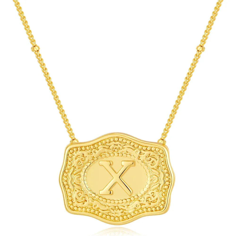 Embossed Belt Buckle Pendant Necklace for Men Punk Jewelry Gold Color A-Z Initial Letter Necklaces Women Western Jewelry Gift X / Silver / CHINA