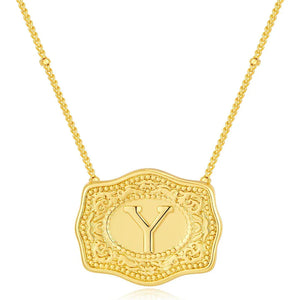 Embossed Belt Buckle Pendant Necklace for Men Punk Jewelry Gold Color A-Z Initial Letter Necklaces Women Western Jewelry Gift Y / Silver / CHINA