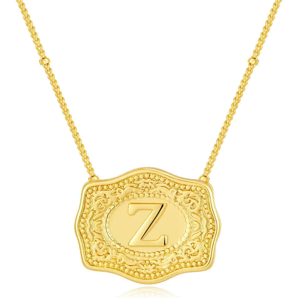 Embossed Belt Buckle Pendant Necklace for Men Punk Jewelry Gold Color A-Z Initial Letter Necklaces Women Western Jewelry Gift Z / Silver / CHINA
