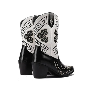Svartvita Låga Cowboyboots med Grafiskt Broderi för Dam