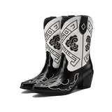 Svartvita Låga Cowboyboots med Grafiskt Broderi för Dam Svart / 35