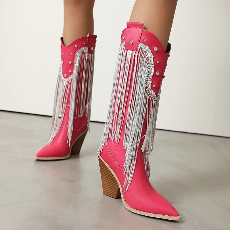 Fransiga Cowboyboots i Glansig Läderlook med Kilklack