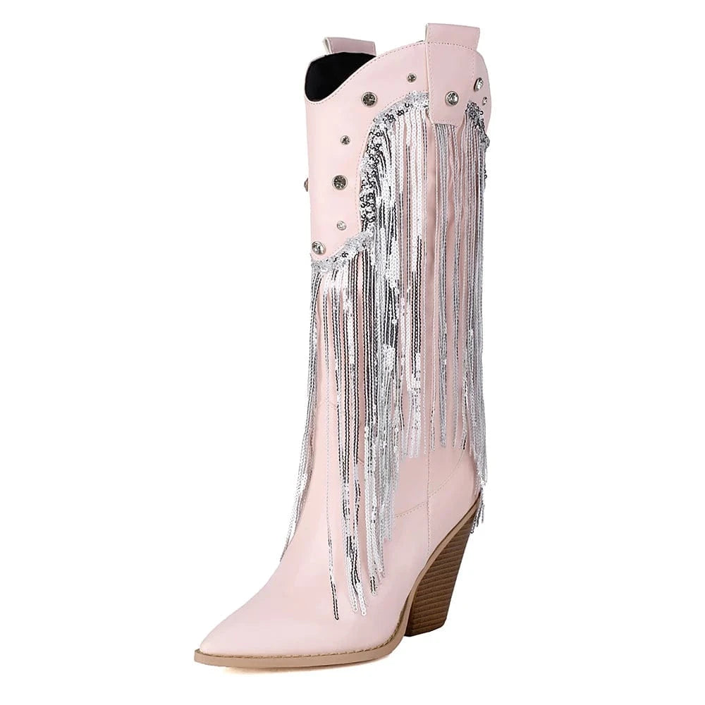 Fransiga Cowboyboots i Glansig Läderlook med Kilklack RosaLjusrosa / 35