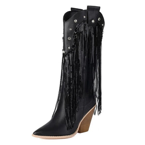 Fransiga Cowboyboots i Glansig Läderlook med Kilklack Svart / 35