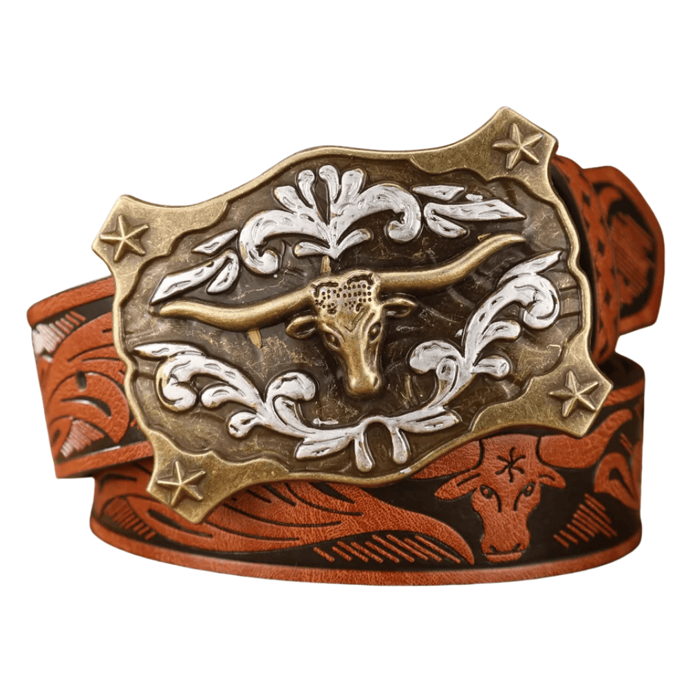 Herr­ cowboybälte longhornspänne Brun/Guld / 120cm