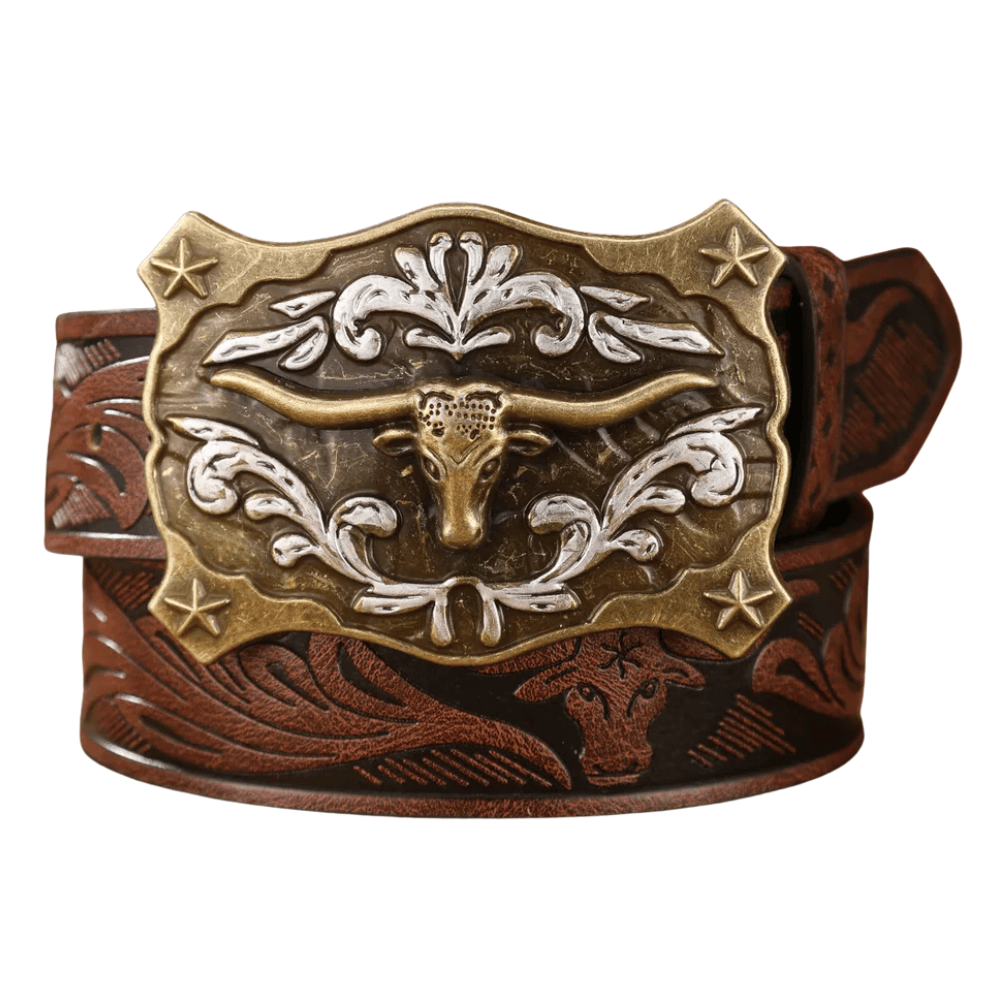 Herr­ cowboybälte longhornspänne Mörkbrun/Guld / 120cm