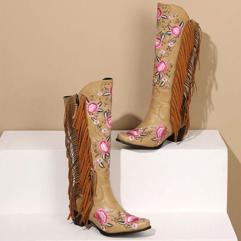 Höga Cowboyboots med Blomsterbroderi och Fransar