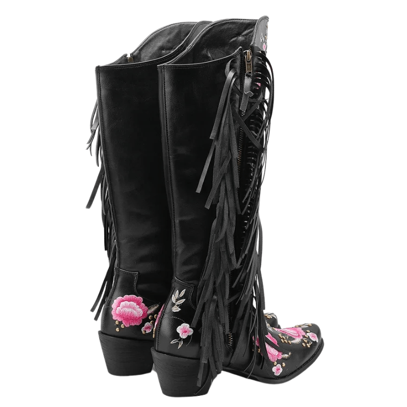 Höga Cowboyboots med Blomsterbroderi och Fransar