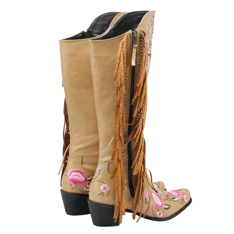 Höga Cowboyboots med Blomsterbroderi och Fransar