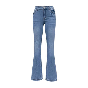 Högmidjade blå flare jeans med rosett-broderi för dam