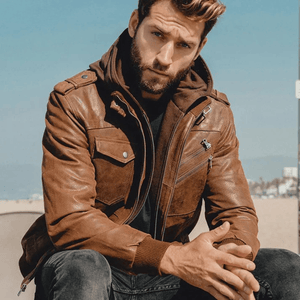 Jacka läder huva