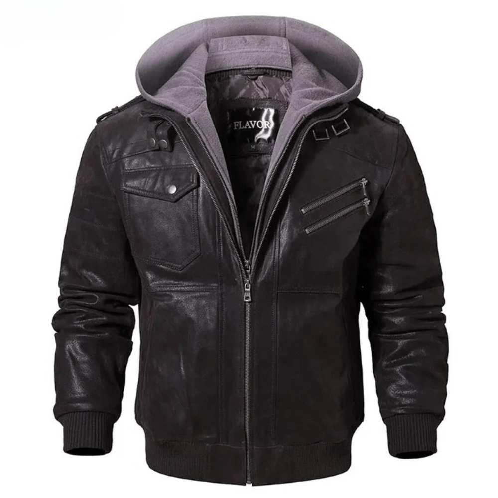 Jacka läder huva Mörkbrun grå / XS