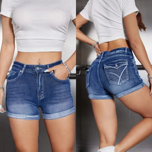 Korta blå jeansshorts med uppvik för dam