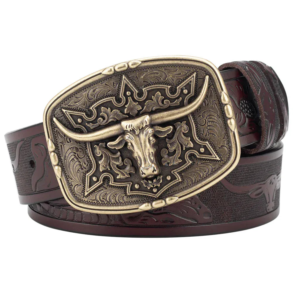 Läderbälte western longhornspänne Brons Mörkbrun / 95cm