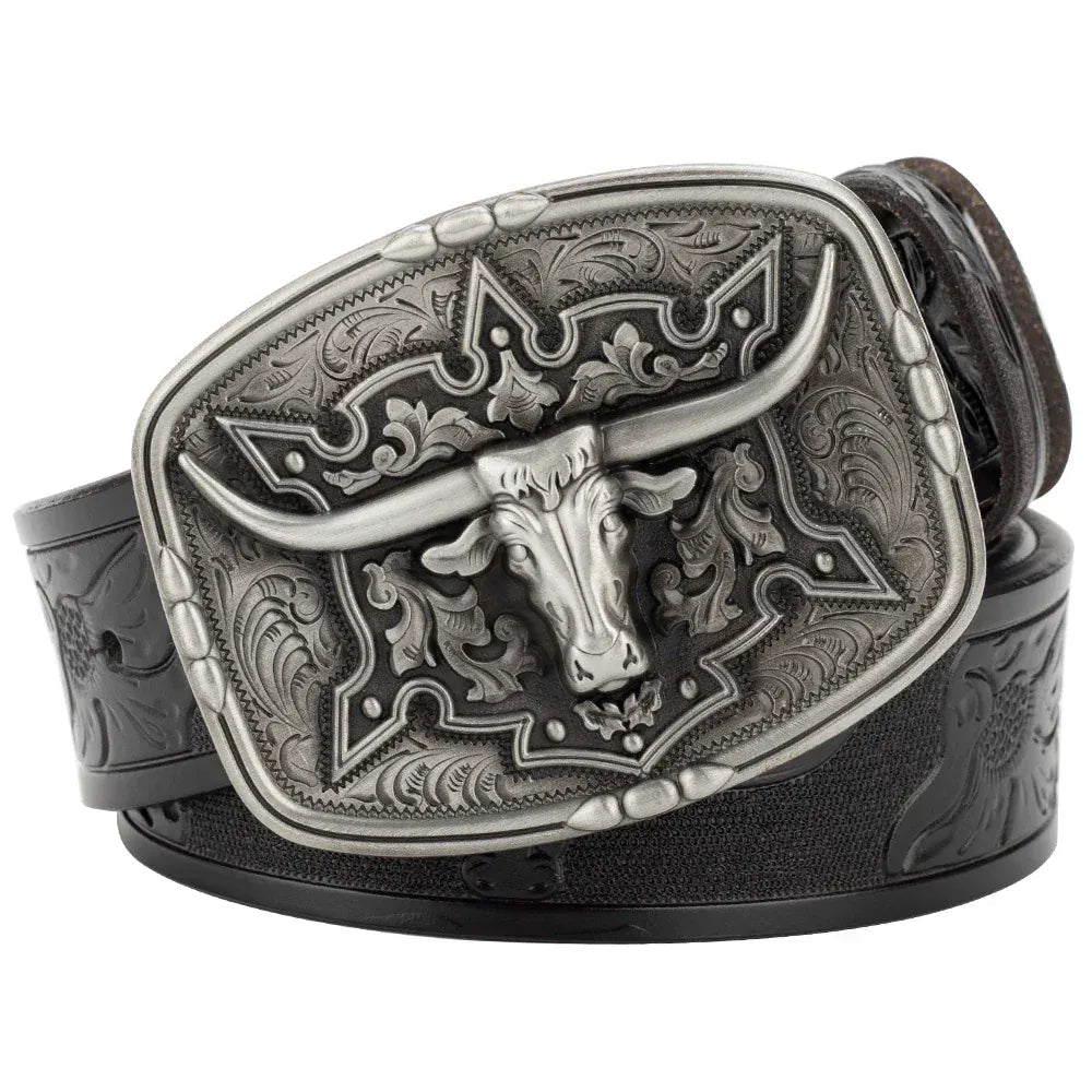 Läderbälte western longhornspänne Silver Svart / 95cm