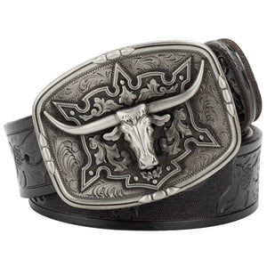 Läderbälte western longhornspänne Silver Svart / 95cm