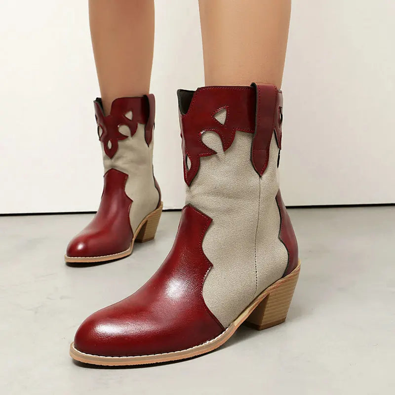 Låga Cowboyboots i västernstil med utskuret mönster och blockklack