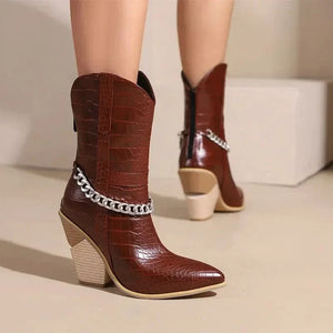 Låga Cowboyboots med Kedja och Hög Klack