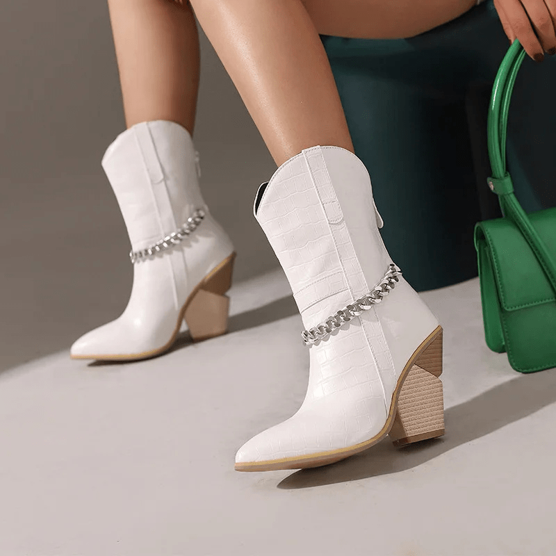 Låga Cowboyboots med Kedja och Hög Klack