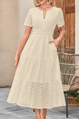 Lång bohemisk klänning med spets och broderi Off-white / XS