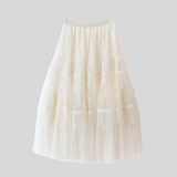 Lång plisserad tyllkjol med spetsvolanger Beige / One Size