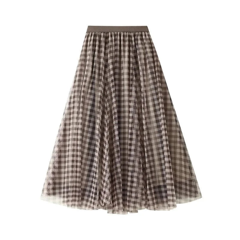 Lång rutig kjol i tyll med resår i midjan Khaki / One Size