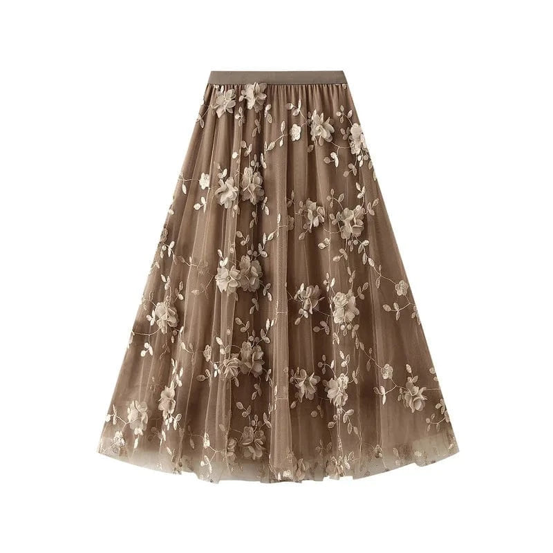 Lång tyllkjol med 3D-blombroderi Khaki / One Size
