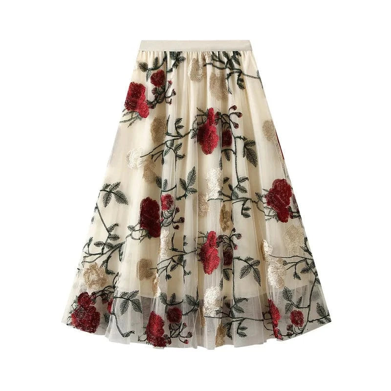 Lång tyllkjol med blombroderi Aprikos / One Size