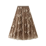 Lång tyllkjol med blombroderi i 3D Khaki / One Size