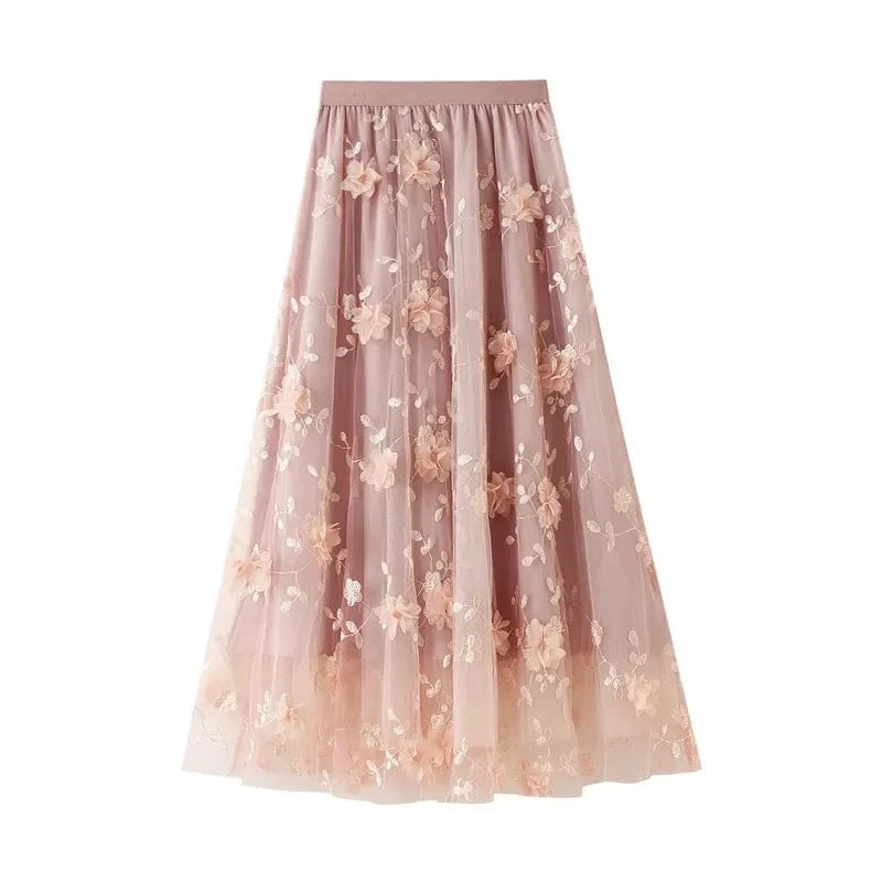 Lång tyllkjol med blombroderi i 3D Rosa / One Size