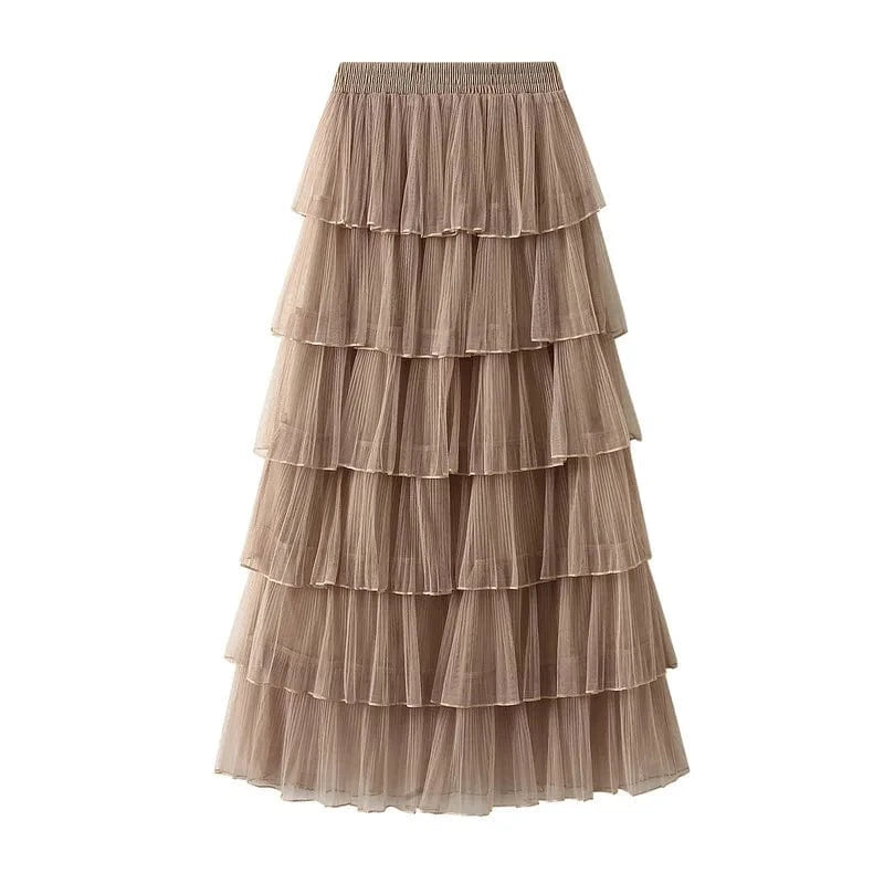 Lång tyllkjol med plisserade volanger Khaki / One size