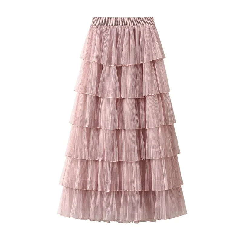Lång tyllkjol med plisserade volanger Rosa / One size