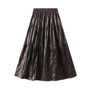 Maxikjol i plisserad skinnimitation Brun / One Size