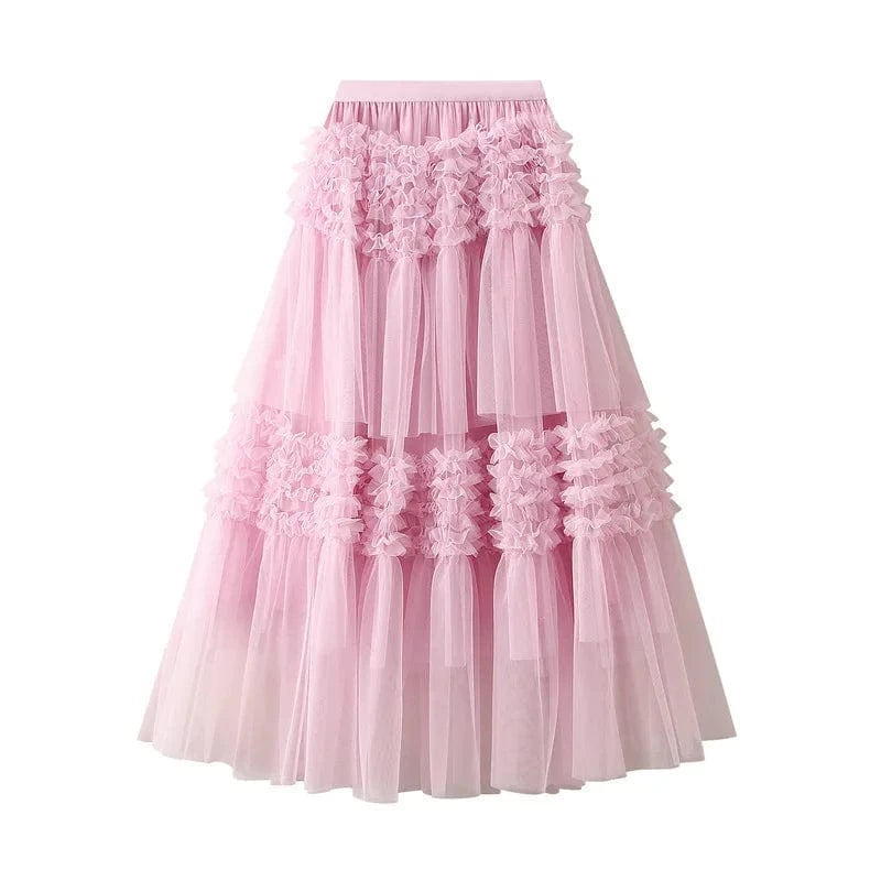 Maxikjol med ett moln av rynkade volanger Rosa / One Size