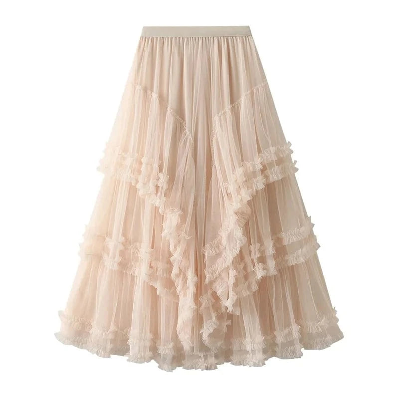 Maxikjol med kaskader av tyllvolanger Beige / One Size