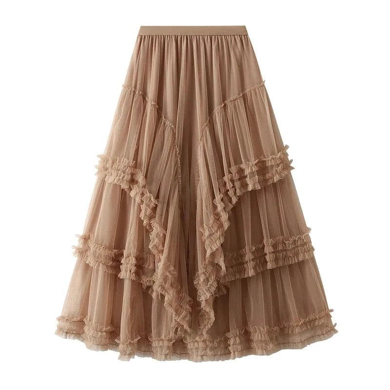 Maxikjol med kaskader av tyllvolanger Khaki / One Size