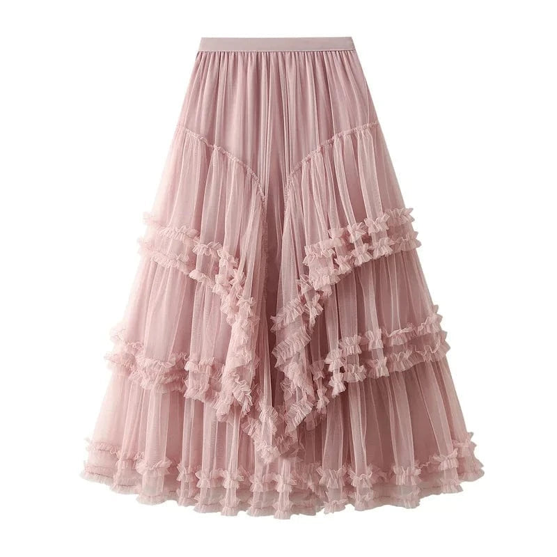 Maxikjol med kaskader av tyllvolanger Rosa / One Size