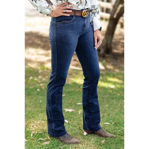 Mörkblå bootcut jeans med broderat hjärta och hästmotiv