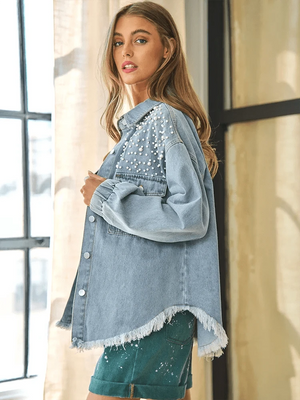 Oversize jeansjacka dam med fransar och pärlor