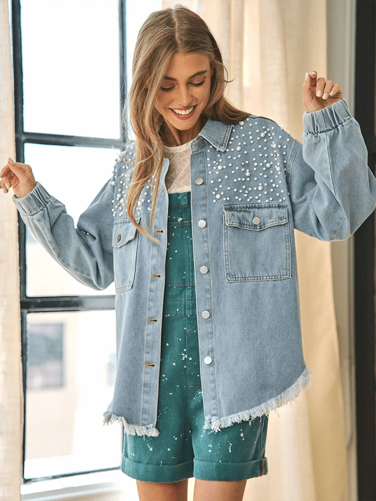 Oversize jeansjacka dam med fransar och pärlor