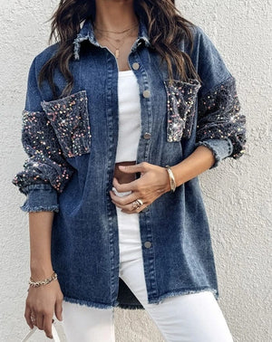 Oversize jeansjacka dam med paljetter