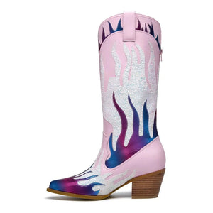 Rosa Höga Cowgirl Boots med Flammor Rosa / 36