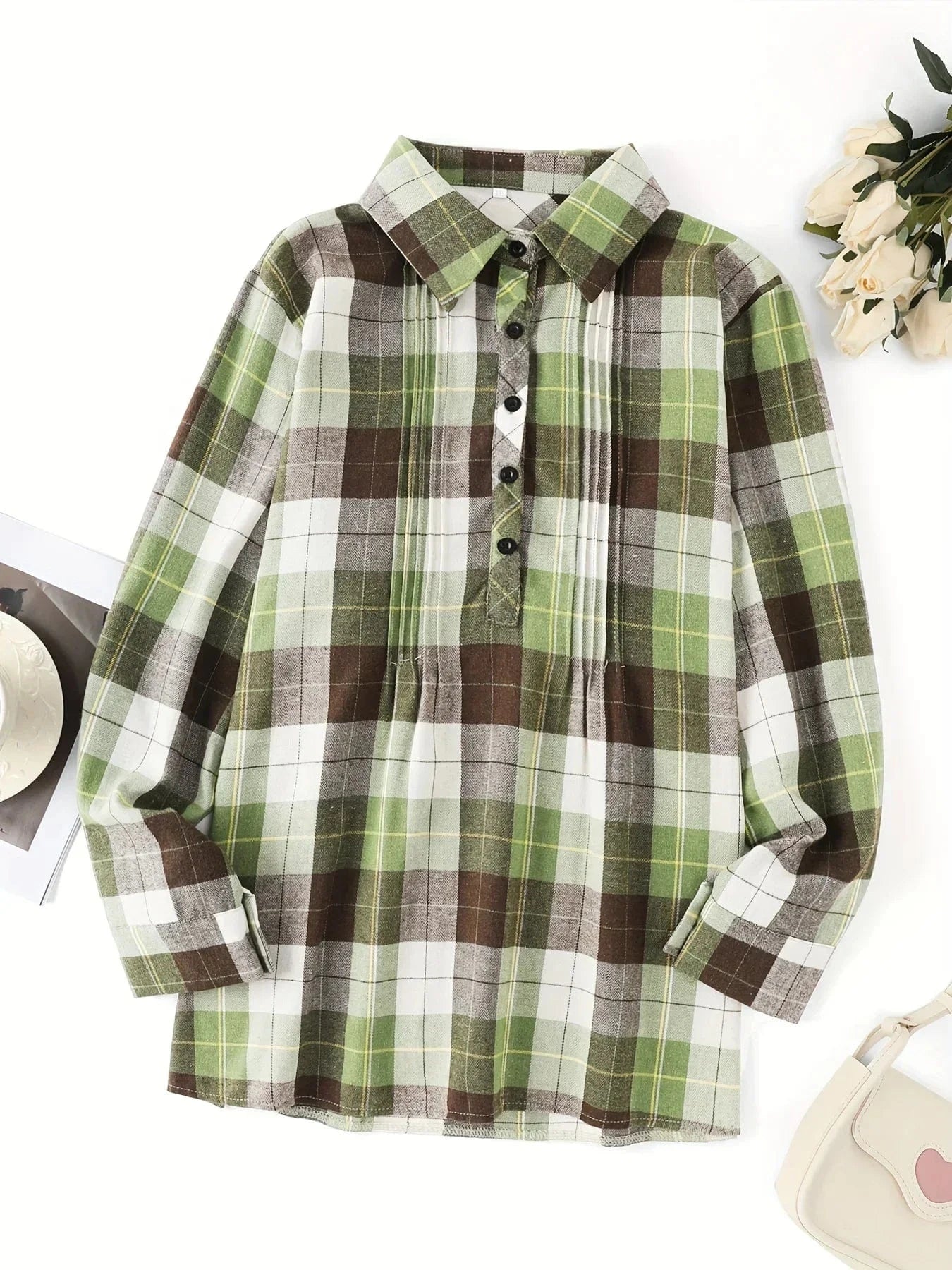 Plus size grön rutig popover-skjorta för dam