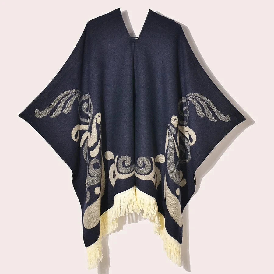 Poncho med fransar Marinblå / One Size