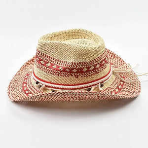 Röd cowboyhatt i naturstrå med snäckor Röd och beige / One Size