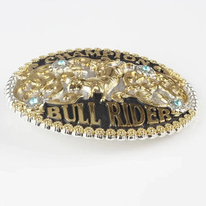 Rodeo Champion Bältesspänne "Bull Rider" med Turkos Strass Guld och silver